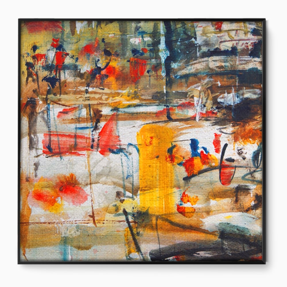 Tablou canvas cu tablou abstract cu pete rosii si galbene, in rama de aluminiu negru